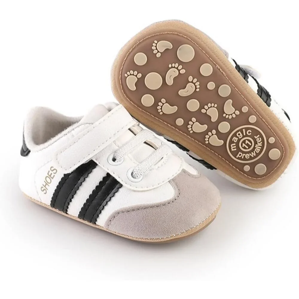 Baby Boys Girls Black Faux Leather Rubber Sole Retro Walking Sneakers Shoes